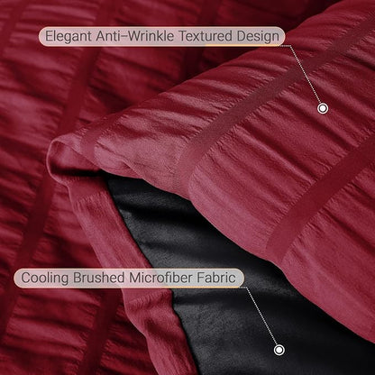 MUXHOMO 7 Pieces Full Comforter Set, Seersucker Bed in a Bag Full Size, All Season Luxury Bedding Set with Comforter, Flat Sheet, Fitted Sheet, Pillowcases & Shams, Red & Black