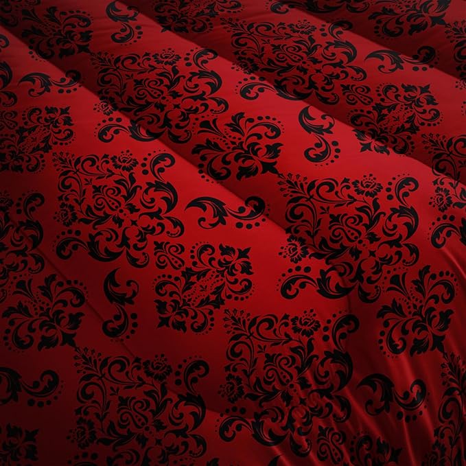 Red Gothic Floral Print Comforter Set Queen Size,Vintage Damask Floral Bedding Set,Bohemian Exotic Printed Quilted Set for Teens Adult,with 1 Comforter and 2 Pillow Case