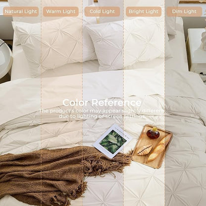 Sasttie Twin Comforter Set, 5-Piece Bed in a Bag, Pintuck Bedding Sets for All Season, Includes Comforter, Flat Sheet, Fitted Sheet, Pillowcase and Pillowsham, Beige