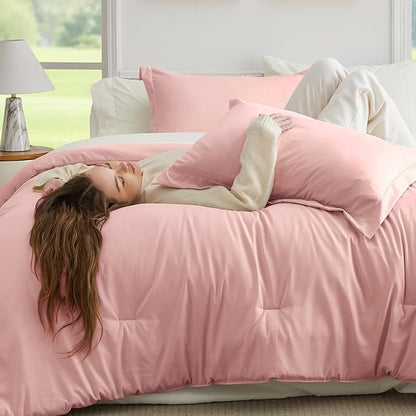 Bedsure Queen Comforter Set - 7 Pieces Pink Queen Bedding Set for All Seasons, Boho Contrasting Design Bed in a Bag with Comforter, Sheets, Pillowcases & Shams