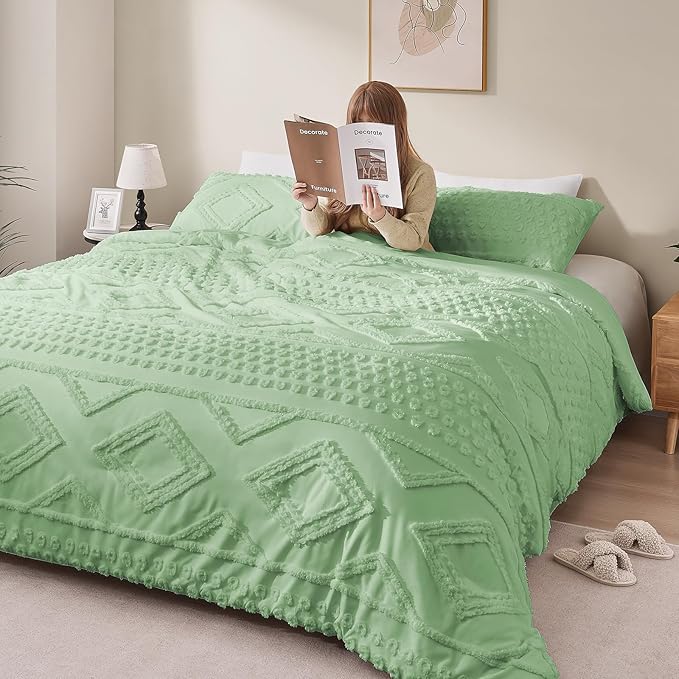 Boho King Comforter Set Sage Green with Sheets, 3 Pieces Tufted King Comforter Sets Boho Bedding Cream Soft Warm Neutral Comforter Sets for All Seasons
