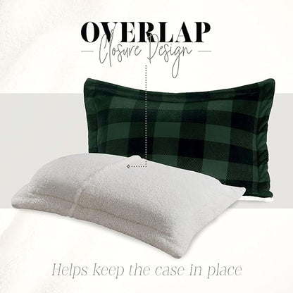 Elegant Comfort 3-Piece Buffalo Lodge-Plaid Comforter Set, Luxurious, Heavyweight, All Season, Down Alternative-Micromink Sherpa-Backing Reversible Micro-Suede, Soft and Plush, Queen, Green