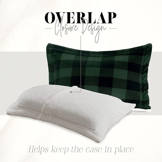Elegant Comfort 3-Piece Buffalo Lodge-Plaid Comforter Set, Luxurious, Heavyweight, All Season, Down Alternative-Micromink Sherpa-Backing Reversible Micro-Suede, Soft and Plush, King, Green