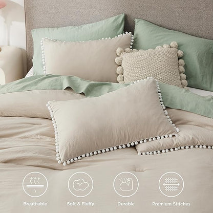 Bedsure Twin/Twin XL Comforter Set - Linen Pom Pom Comforter, 2 Pieces Shabby Chic Bedding Comforter Set for All Seasons, Fluffy Soft Bedding Set with 1 Pillow Sham