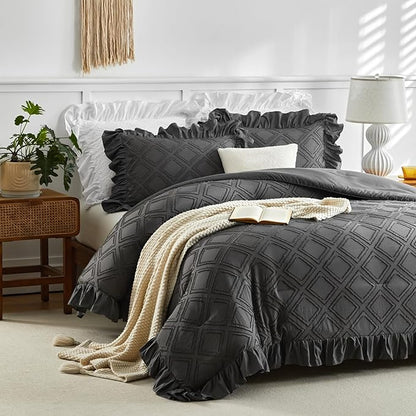 Tufted Grids Ruffle Comforter Set King Size, 3 Pieces Dark Grey Vintage Farmhouse Shabby Chic Comforters, Jacquard Boho Bohemian Bedding Set for All Season (1 Ruffled Comforter+ 2 Pillow Shams)