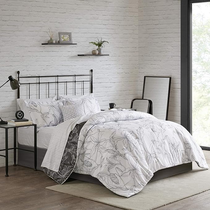 Madison Park Essentials Cozy Bed In A Bag Comforter with Complete Cotton Sheet Set - Trendy Floral Design All Season Cover, Decorative Pillow, Full(78"x86"), White/Charcoal 9 Piece
