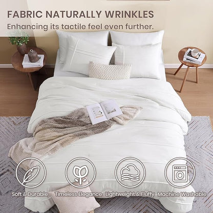 Boho King Size Comforter Set, White Pinch Pleat King Size Bed Set, 3 Piece Bedding Set, Warm Fluffy King Bed Set(White,102"*90")