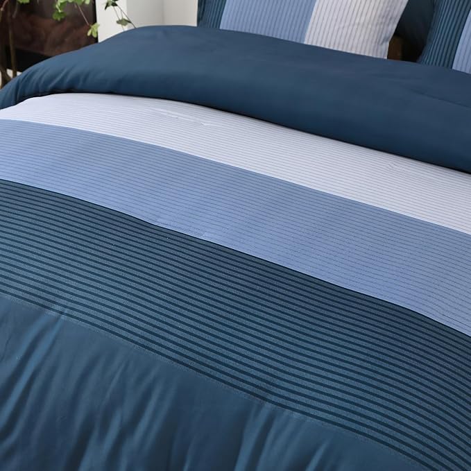 WONGS BEDDING Navy Blue Comforter Set Queen, Reversible Striped Patchwork Down Alternative Comforter,3 Pieces (1 Comforter+2 Pillowcases), Soft Microfiber Bedding Duvet Insert Set 90"×90"
