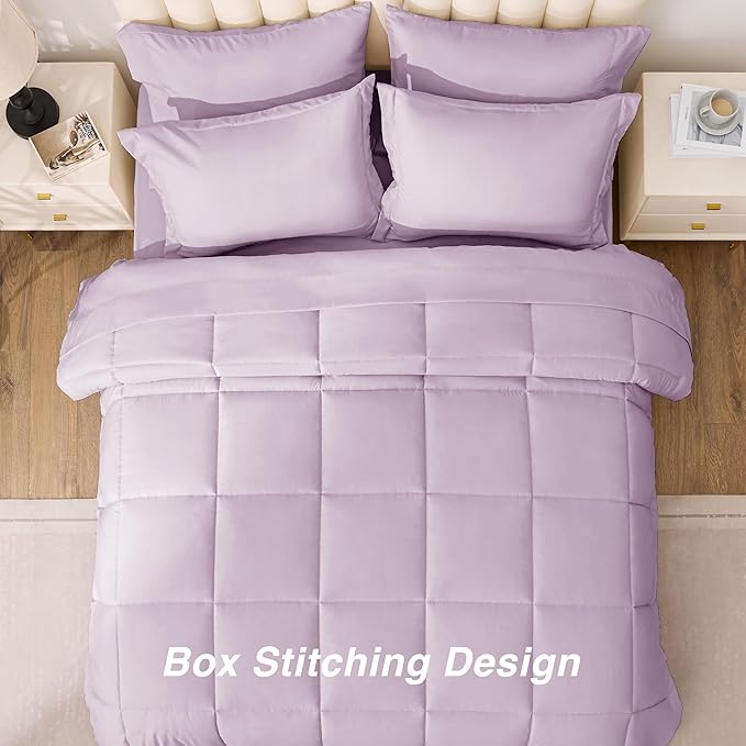 Love's cabin King Size Comforter Set Light Purple, 7 Pieces King Bed in a Bag, All Season Bedding Sets with 1 Comforter, 1 Flat Sheet, 1 Fitted Sheet, 2 Pillowcase and 2 Pillow Sham