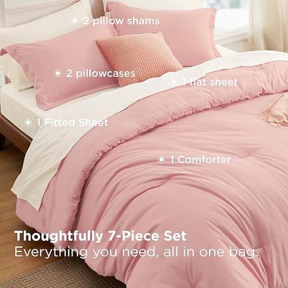Bedsure Twin Comforter Set - 5 Pieces Pink Twin Bedding Set for All Seasons, Boho Contrasting Design Bed in a Bag with Comforter, Sheets, Pillowcase & Sham