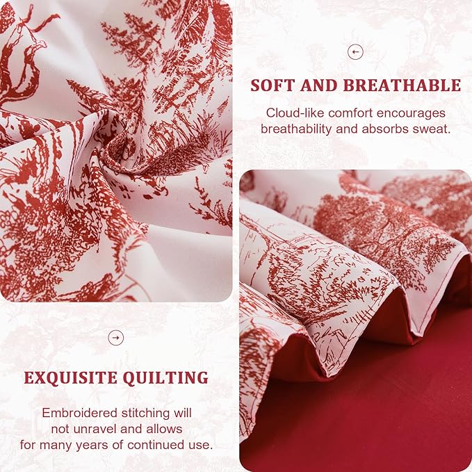 DJY King Size Comforter Set, Red 7 Pieces Bed in a Bag King Botanical Comforters with Sheets Elegant Plants Print Christmas Soft Microfiber Reversible Complete Bedding Sets for All Season