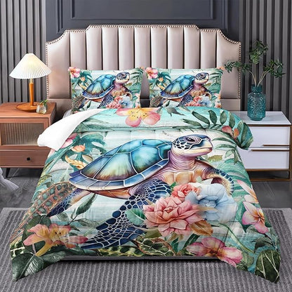 Spring Sea Turtle Comforter Set 3 Pcs Bedding Set King Size for Girls,Wooden Floral Tropical Plants Printed Quilts Set Lightweight Soft Microfiber Warm All Season with 2 Pillowcases