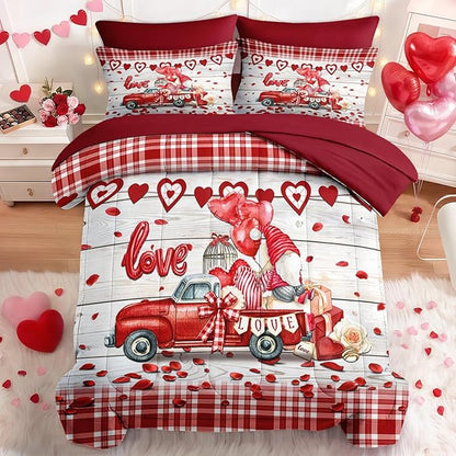 Nesker 7 Pcs Valentine's Day Comforter Set Queen Size, Romantic Heart Truck Bedding Set for Kids and Adults, Sweet Love Gnomes Sheets Bed Sheet Sets with Fitted Sheet 2 Pillowcases & 2 Shams