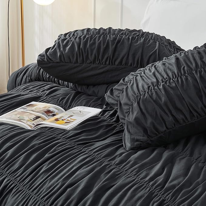 Bonlino Queen Comforter Set - Black Boho Shabby Chic Bedding for Bedroom - Fluffy 3 Piece Ruffle Comforter Set with Pillow