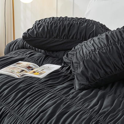 Bonlino Queen Comforter Set - Black Boho Shabby Chic Bedding for Bedroom - Fluffy 3 Piece Ruffle Comforter Set with Pillow