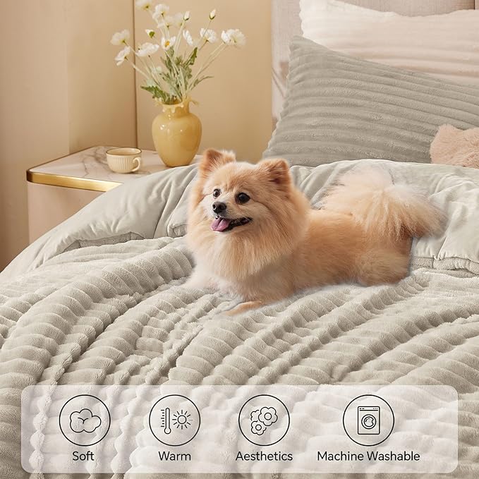 BEDELITE Fleece King Comforter Set -Super Soft & Warm Fluffy Linen Bedding, Luxury Fuzzy Heavy Bed Set for Winter with 2 Pillow Cases