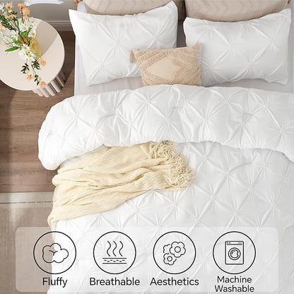 BEDELITE White Queen Comforter Set - 3 Pieces Boho Pintuck Bedding Comforter Sets, Lightweight Soft & Warm Bed Comforter Queen with 2 Pillowcases for All Season