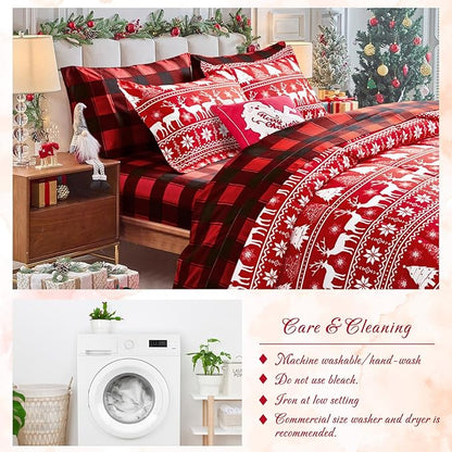 Tititada Christmas Red Bed in a Bag 6 Pcs Twin Size, Striped Snowflake Pattern Printed Bedding Comforter Set Warm for Winter(1 Comforter, 1 Flat Sheet, 1 Fitted Sheet, 2 Pillow Shams, 1 Pillowcase)