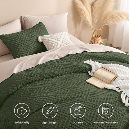 Andency Dark Olive Green Comforter Set Queen Size, Lightweight Fluffy Boho Men Bedding Comforter Set, 3 Pieces Tufted Farmhouse Bed Set for All Seasons (1 Comforter 90x90In, 2 Pillowcases)