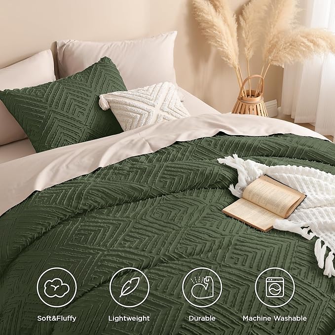 Andency Olive Green Oversized King Comforter 128''x120'', 3 Pieces Soft Boho Bedding Set & Collections, All Season Farmhouse Tufted Fluffy Bed Set (1 Comforter, 2 Pillowcases)
