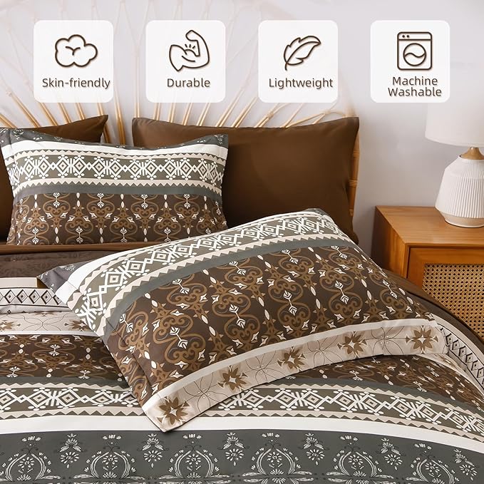 WONGS BEDDING Boho Comforter Set Queen, 7 Pieces Brown Comforter Bedding Set,Bohemian Paisley Floral Bed in a Bag,Soft Microfiber Striped Comforter Bedding Sets for All Season