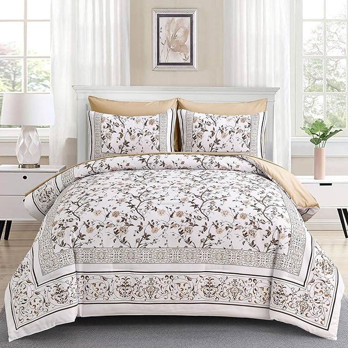 Dobuyly Brown King Size Comforter Set, Floral Botanical Bedding Set 7 Piece Bed in a Bag King, Soft Microfiber Flowers Bedding Comforter Sets with Sheets for All Season