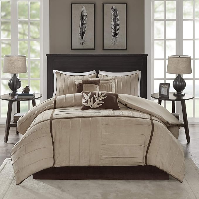 Madison Park Cozy Comforter Set Casual Blocks Design All Season, Matching Bed Skirt, Decorative Pillows, Full(82"x90"), Dune Suede, Beige Brown, 7 Piece