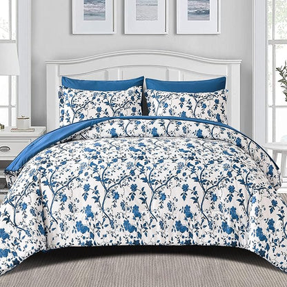 Comforter Set for Queen Bed -7 Pieces Bed in a Bag Soft Microfiber Bed Set Blue Leaves Floral Pattern on White Spring Queen Comforter Sets with Sheets for All Seasons (Queen, Blue)