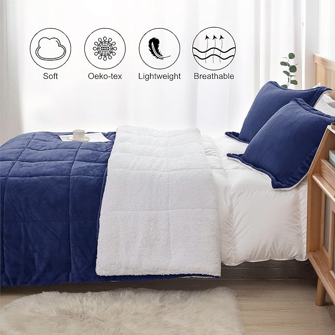 Seward Park Navy Blue Sherpa Comforter Set King Size, All Season Soft Warm Fleece Fall Blanket, Winter Bedding Sets with 2 Pillow Shams