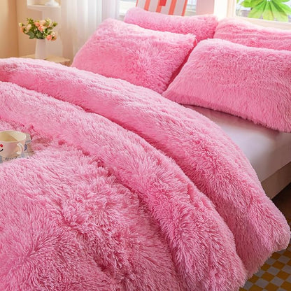 chovy Faux Fur Plush Pink Comforter Sets Twin/Full Size - Ultra Soft Shaggy Flannel Velvet Fluffy Fuzzy 3PC Bedding Set （Comforter x 1 Pillowcases x 2）
