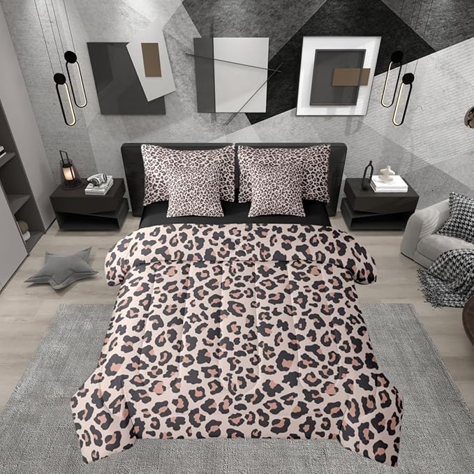 Erosebridal Cheetah Fur Beige Pink Black 7 Piece Bedding Set Twin | Leopard Print Comforter Set with Sheets Women Men Adults Bed in A Bag Animal Skin Pattern Bed Sets