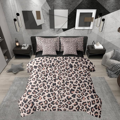 Erosebridal Cheetah Fur Beige Pink Black Comforter Set Queen Size 7 Pieces | Leopard Print Bed in A Bag Women Men Adults Bed Set Animal Skin Pattern Bedding