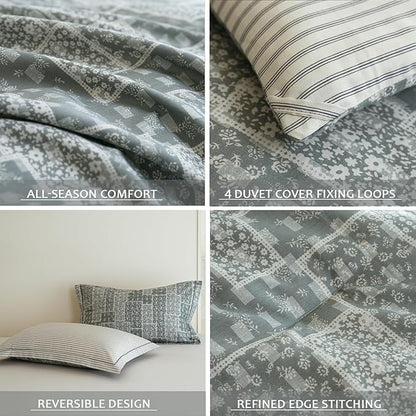 King Size Cotton Comforter Set, 3Pcs Blue Patchwork Duvet for All Seasons, Luxury Warmth Breathable Bedding Set with 1 Lightweight Comforter and 2 Pillow Shams
