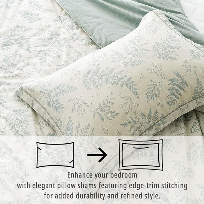 Botanical Cotton Comforter King Size - Dusty Green Comforter Printed with Luxrious Greyish-Green Ferns on Beige,Reversible Lightweight Bedding Sets 3Pcs(104"×90")