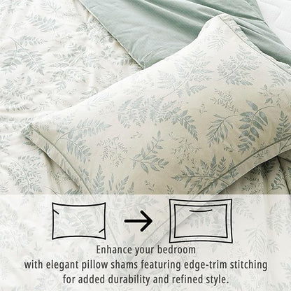 Botanical Cotton Comforter King Size - Dusty Green Comforter Printed with Luxrious Greyish-Green Ferns on Beige,Reversible Lightweight Bedding Sets 3Pcs(104"×90")