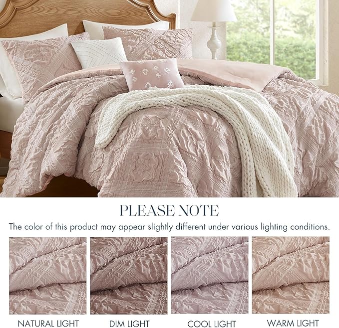 Madison Park Shabby Chic Comforter Set 5-Piece Queen Size, Puffy Seersucker Textured Grid Pattern Boho Bedding, Dusty Pink Plaid Comforter with 2 Shams & 2 Decorative Pillows