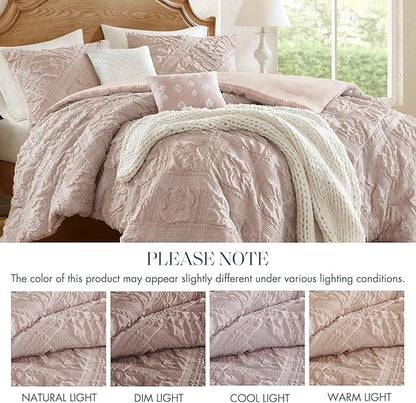 Madison Park Shabby Chic Comforter Set 5-Piece Queen Size, Puffy Seersucker Textured Grid Pattern Boho Bedding, Dusty Pink Plaid Comforter with 2 Shams & 2 Decorative Pillows