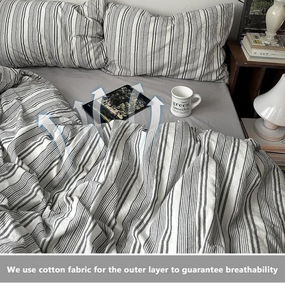 VM VOUGEMARKET Pinstripes Comforter Set Queen Washed Cotton Vertical Striped Neutral Bedding Set 1 Comforter and 2 Pillowcase (Grey White)