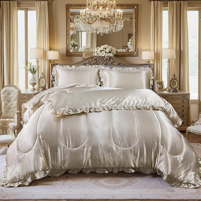 Satin Queen Comforter Set Silk Like Satin Bedding Set Hotel Soft Polyester Beige Bed Set Luxury Silky Pillow Cover with Quilt Set Ruffle Down Comforter Home Decor