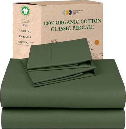 California Design Den Queen Sheets Set - Soft 100% Organic Sheets with Deep Pockets, Crisp Percale, Breathable and Durable Bedding Set - Olive Green