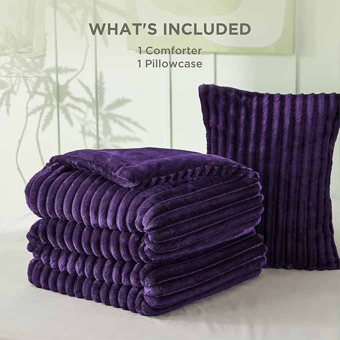 Bedsure Twin/Twin XL Comforter Set - GentleSoft™ 2 Pieces Fluffy Double-Side Fleece Comforter Set, Cozy Striped Room Decor Aesthetic, Luxury Purple Twin Bedding with 1 Pillowcase, 68x88 Inches