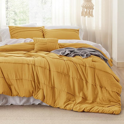 Bedsure King Comforter Set - 4 Pieces Pinch Pleat Bed Set, Mustard Yellow Boho Bedding for All Season, 1 Soft Comforter, 2 Pillowcases, 1 Decorative Pillow