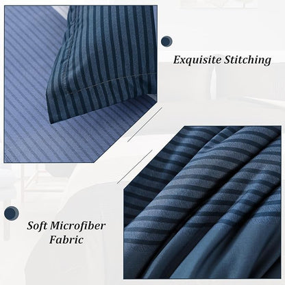 Navy Blue Comforter Set King, Reversible Navy Blue Striped Down Alternative Comforter for King Bed,3 Pieces (1 Comforter+2 Pillowcases), Soft Microfiber Bedding Duvet Set 104"×90"