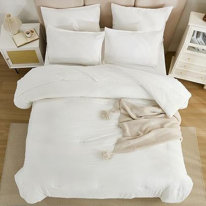 Litanika Oversized Queen Size Comforter Set Ivory - 7 Pieces Bed in a Bag Oversized Beddding Sets, Solid Lightweight Bed Set with Comforter, Sheets, Pillowcases & Shams
