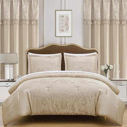 Chezmoi Collection Valor 7-Piece King Bed in a Bag, Champagne Luxury Jacquard Floral Comforter with Sheets Set for All Season