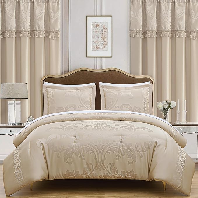 Chezmoi Collection Valor 7-Piece Queen Bed in a Bag, Champagne Luxury Jacquard Floral Comforter with Sheets Set for All Season