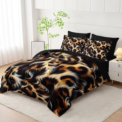 7 Piece Leopard/Cheetah Zebra Print Queen Size Comforter and Sheets Set，Leopard Print Bedding Set Queen，(1 Comforter, 1 Flat Sheet, 1 Fitted Sheet, 2 Pillowcase and 2 Pillow Sham)