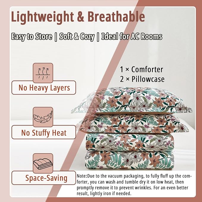 Elegant Blush Floral Cotton Comforter King Size - 3PC Lightweight Bedding Sets with Ultra-Soft Alternative Fill, Cozy Tropical Bloom Reversible Design (1 Comforter, 2 Pillowshams)