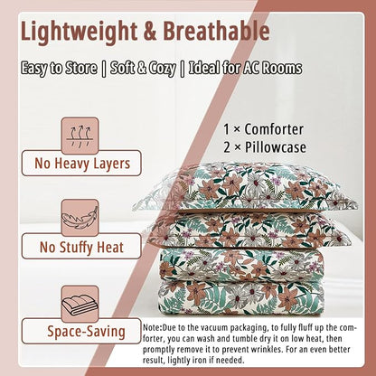 Elegant Blush Floral Cotton Comforter Queen Size - 3PC Lightweight Bedding Sets with Ultra-Soft Alternative Fill, Cozy Tropical Bloom Reversible Design (1 Comforter, 2 Pillowshams)