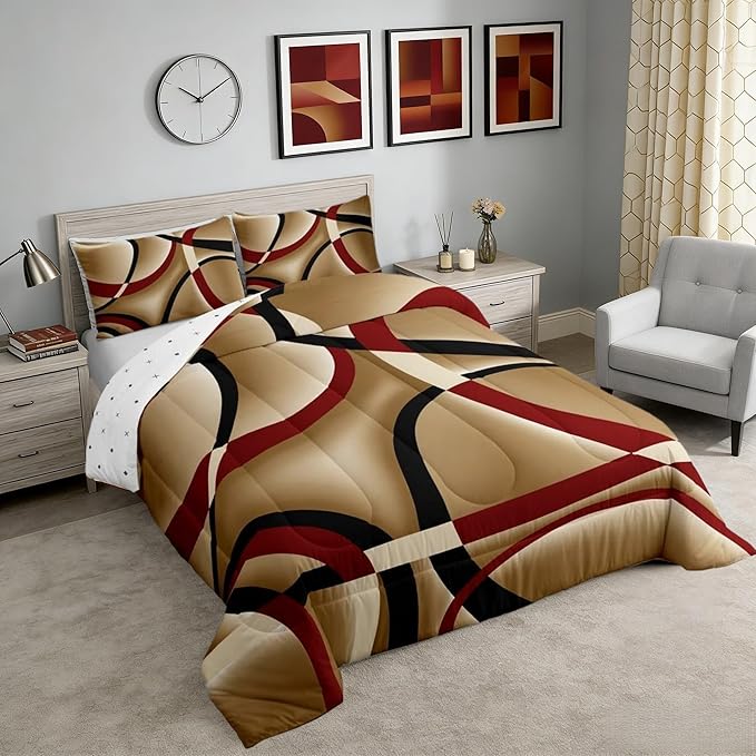 Retro Circle Comforter Set King Teens Red Brown Black Swirls Room Decor Stripe Line Art Bedding Set,Soft Lightweight Geometric Modern Duvet,Youth Young Man Quilt,1 Comforter + 2 Pillowcase